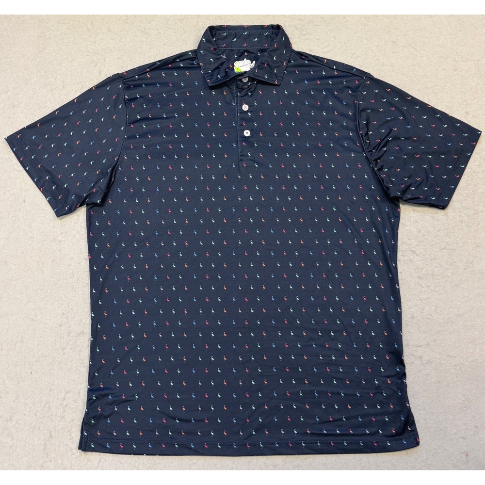 TAILORBYRD Performance Polo Shirt Mens L Navy Flamingo Print Quick Dry SPF30 AOP